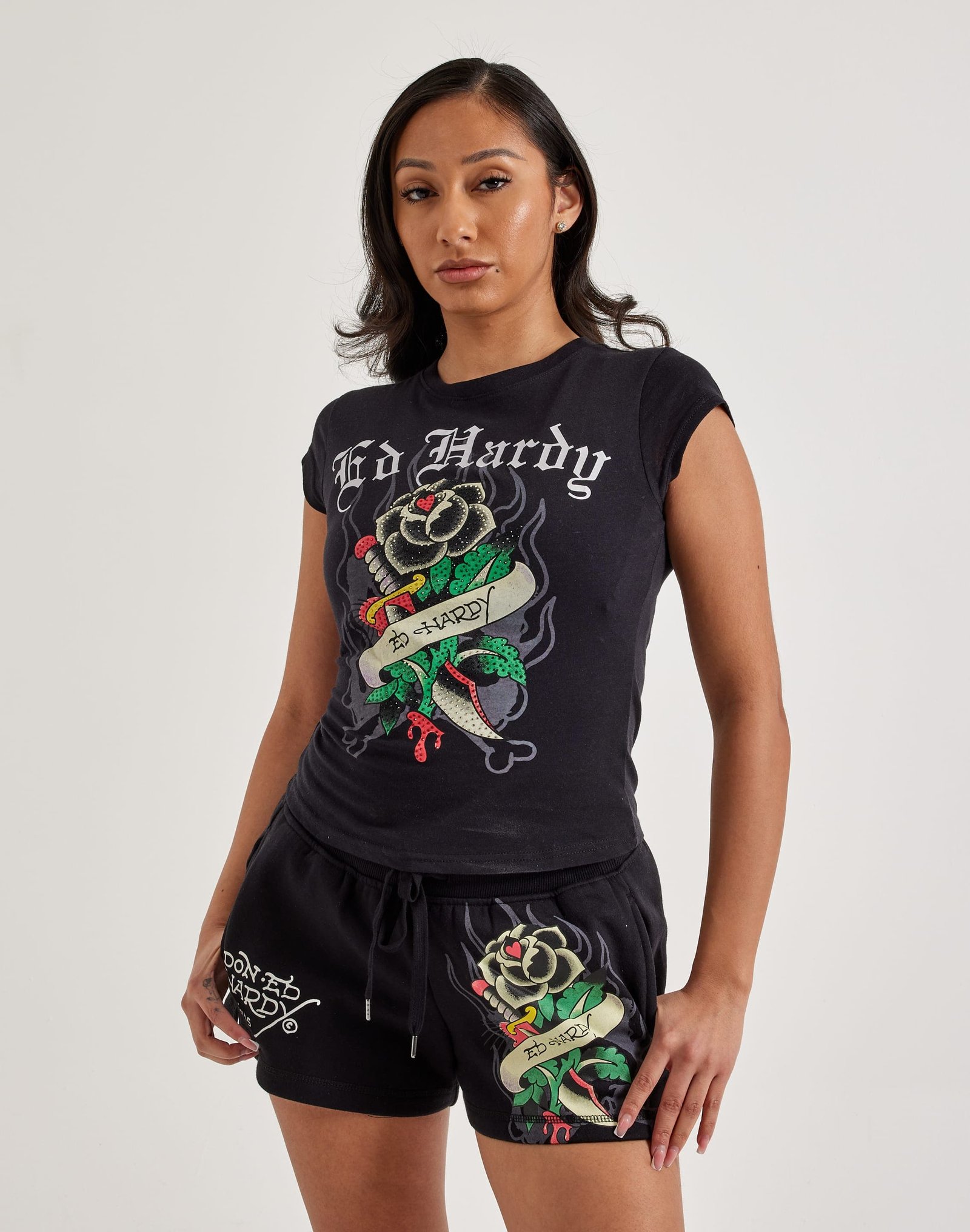 Ed Hardy Black Rose Rhinestone Cap Sleeve Tee