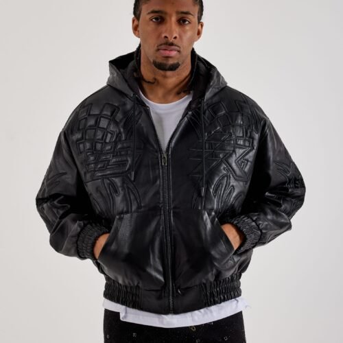 Smoke Rise Hooded Faux Leather Bomber Jacket