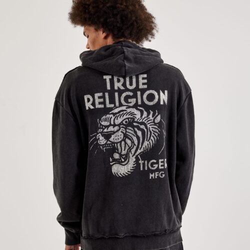 True Religion Crystal Tiger Vintage Zip Fleece Hoodie